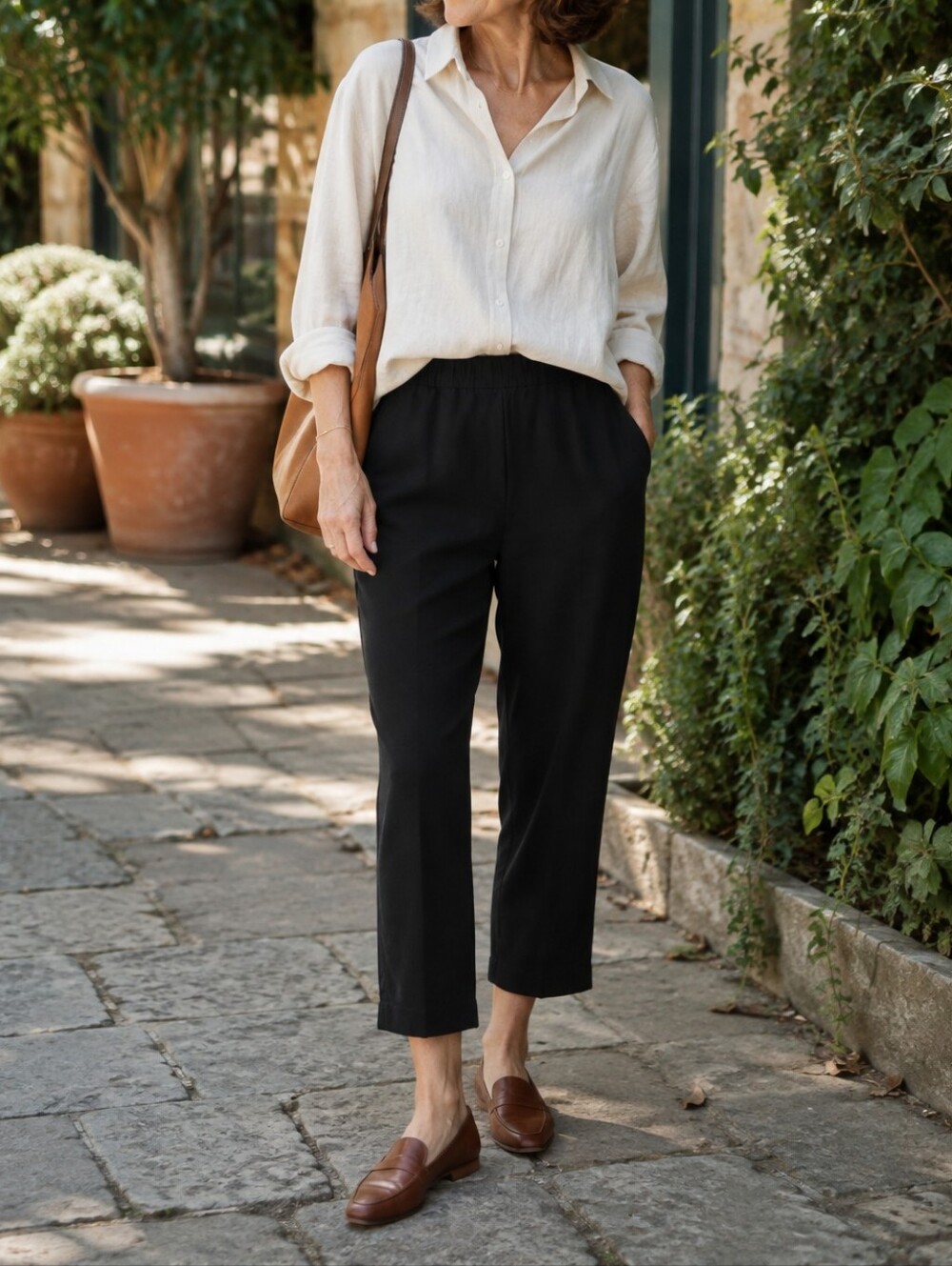 Eileen Fisher Black Organic Cotton Stretch Cropped Pull-On Straight Leg Pants